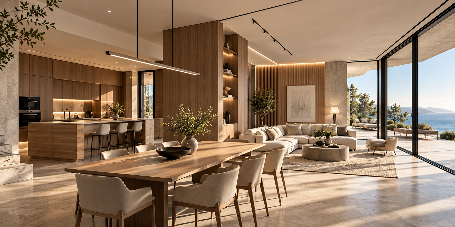 Contemporary bespoke interior concept featuring wood cabinetry, coordinated architectural materials and integrated lighting